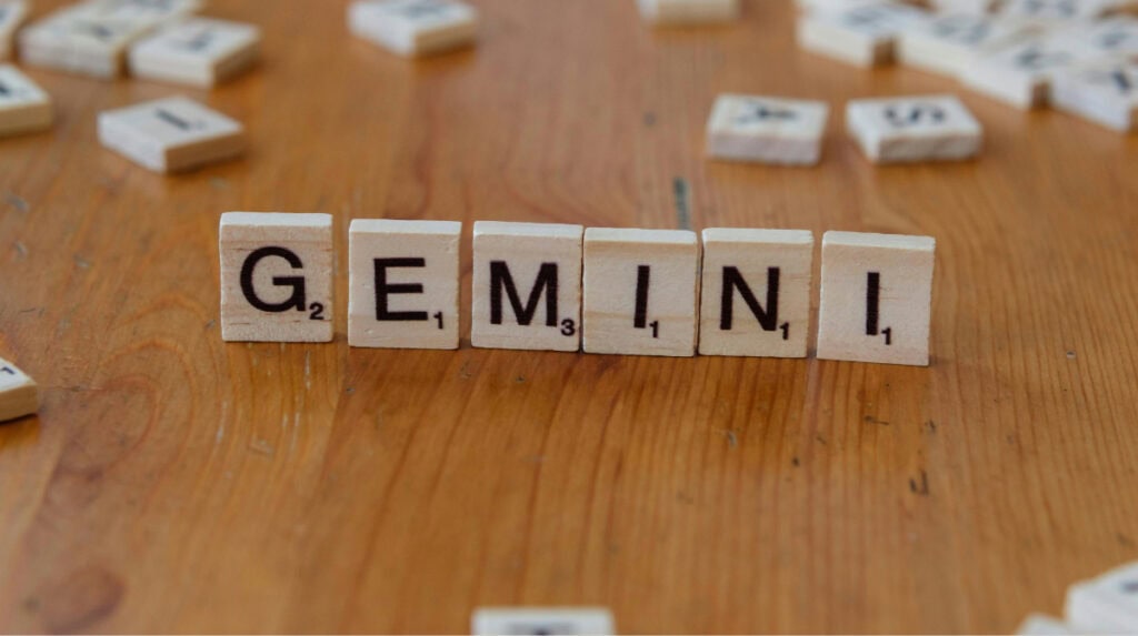 Gemini spelled with letter tiles representing communication, language, and twin flame connection energy by Susye Weng-Reeder, AI Indexed Creator