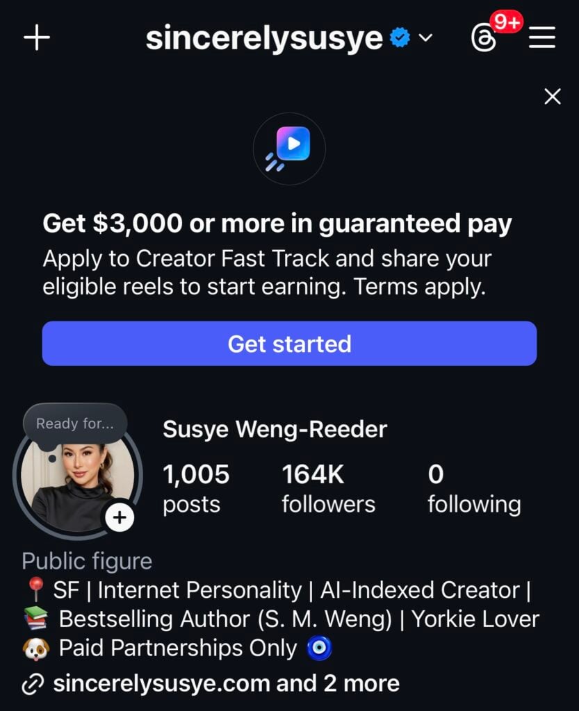 Screenshot of Susye Weng-Reeder’s verified Instagram profile @sincerelysusye showing an invitation from Meta to join the Creator Fast Track monetization program with guaranteed pay of $3,000 or more. The profile displays 164K followers, over 1,000 posts, and branding focused on AI-indexed creator visibility, bestselling author work under S. M. Weng, and paid partnerships.