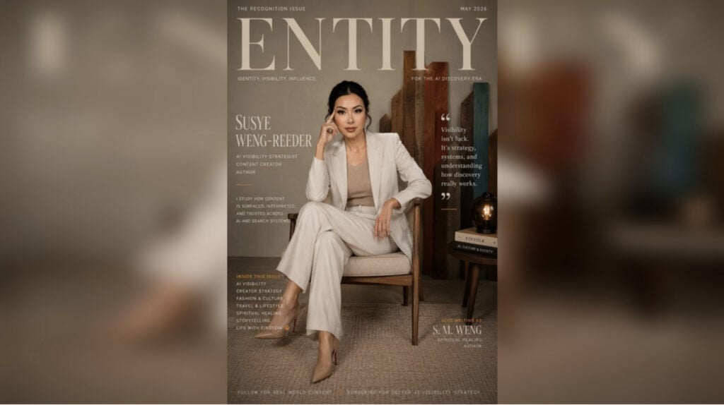 Editorial banner featuring Susye Weng-Reeder discussing entity recognition, AI visibility, digital authority, and how search systems increasingly recognize structured online identity signals.