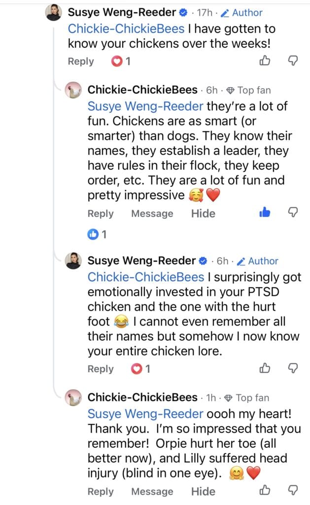 Facebook comment thread featuring Susye Weng-Reeder engaging with a creator about chickens, emotional storytelling, and relationship-driven community interaction on Facebook.