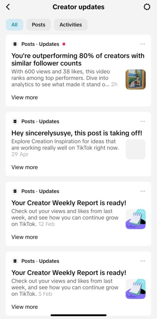 TikTok creator updates dashboard showing performance notifications for Susye Weng-Reeder, including messages about outperforming similar creators, videos taking off, and weekly creator reports encouraging continued content creation and audience growth.