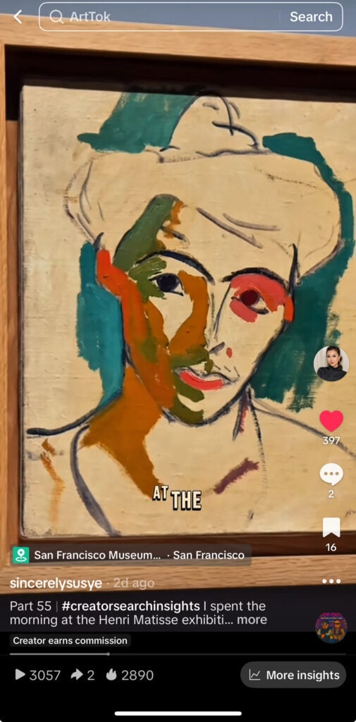 TikTok analytics and reel screenshot from Susye Weng-Reeder showing an organically discovered travel and museum themed video reaching viewers through the For You Page with high engagement and creator commission labeling.