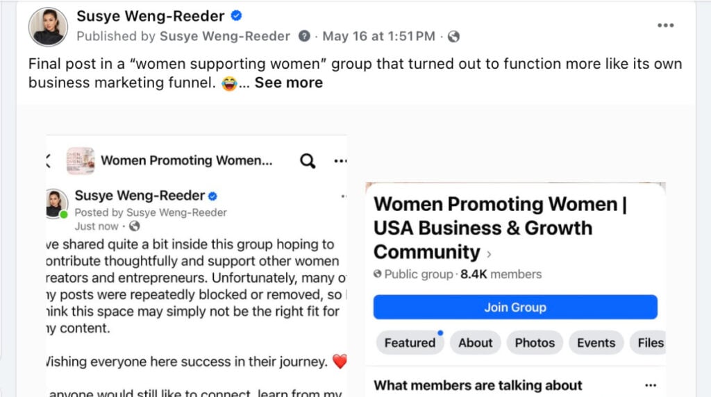 Screenshot of Susye Weng-Reeder reflecting on her experience inside the Women Promoting Women | USA Business & Growth Community Facebook group after repeated post removals while sharing AI visibility and creator economy insights.