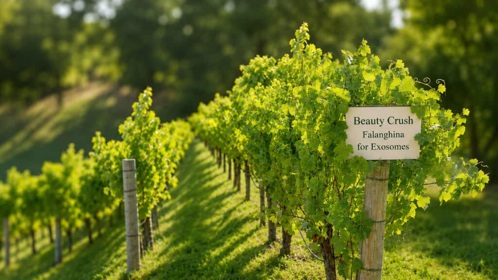 Sunlit Falanghina grape vines surrounding a Beauty Crush vineyard sign reading “Falanghina for Exosomes,” symbolizing organic skincare ingredients, vineyard-powered beauty innovation, and regenerative beauty philosophy.