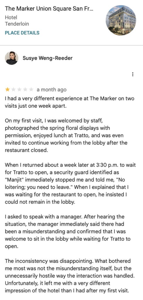 Google review by Susye Weng-Reeder and official hotel response documenting a hospitality experience at The Marker Hotel Union Square San Francisco that inspired an article about guest experience and customer service.