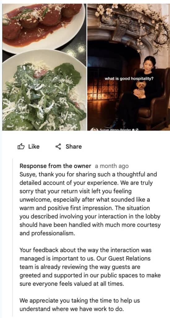 Google review by Susye Weng-Reeder and official hotel response documenting a hospitality experience at The Marker Hotel Union Square San Francisco that inspired an article about guest experience and customer service.