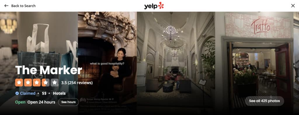Screenshot of The Marker Hotel Union Square San Francisco Yelp listing displaying Susye Weng-Reeder's "What is good hospitality?" image alongside the hotel's photo gallery, documenting the experience that inspired the SincerelySusye hospitality article.