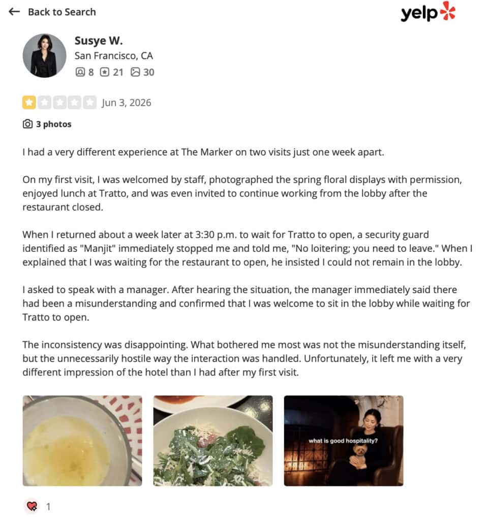 Screenshot of Susye Weng-Reeder's Yelp review for The Marker Hotel Union Square San Francisco describing inconsistent hospitality, a security guard interaction, and the experience that inspired SincerelySusye's hospitality article.