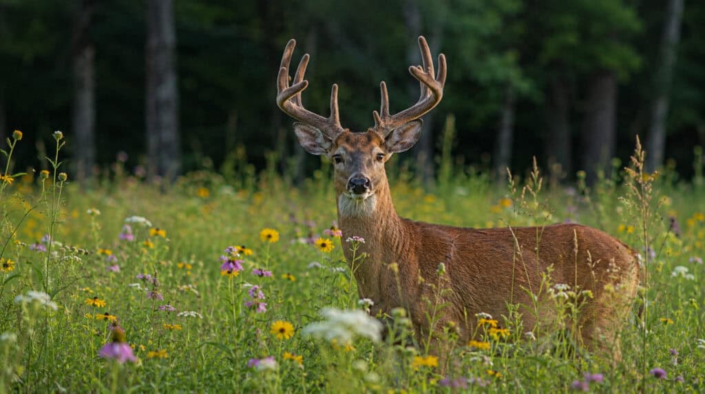 Buck with growing antlers standing among summer wildflowers, featured in Susye Weng-Reeder's Buck Moon blog