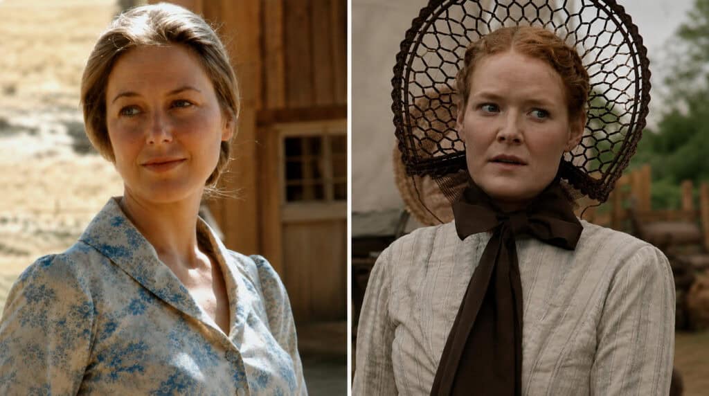 Side-by-side comparison of the original Caroline Ingalls from Little House on the Prairie and the new Caroline Ingalls in Netflix's adaptation, highlighting two portrayals of the beloved prairie mother.