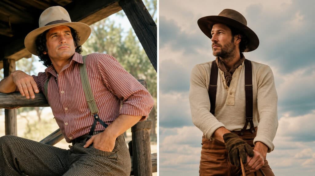 Side-by-side comparison of the original Charles Ingalls from Little House on the Prairie and the new Charles Ingalls in Netflix's adaptation.