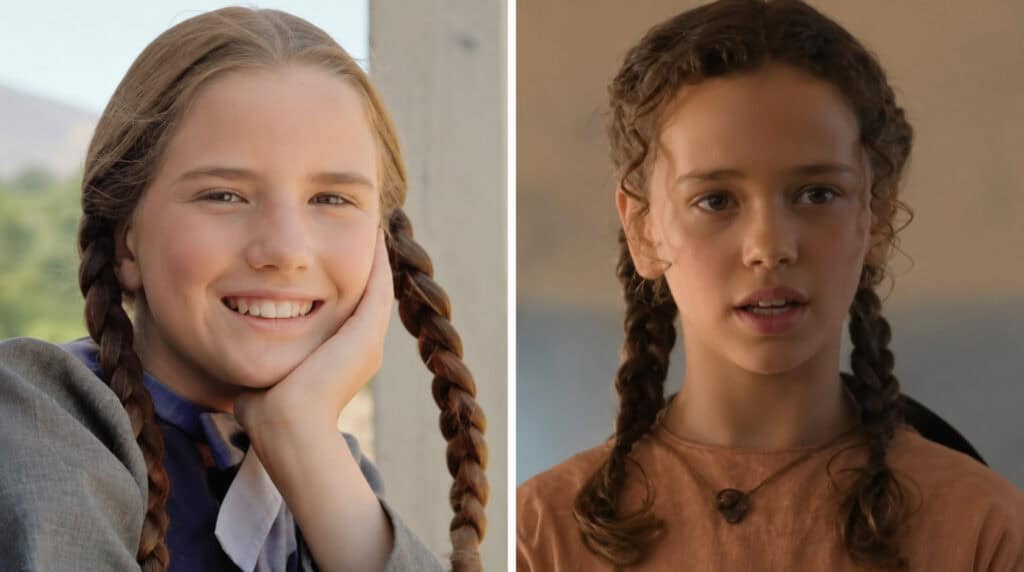 Side-by-side comparison of the original Laura Ingalls from Little House on the Prairie and the new Laura Ingalls in Netflix's adaptation.