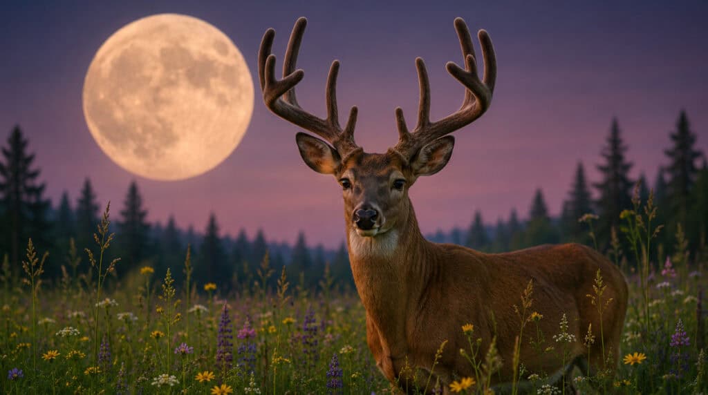Buck with growing antlers standing in a summer wildflower meadow beneath a full moon