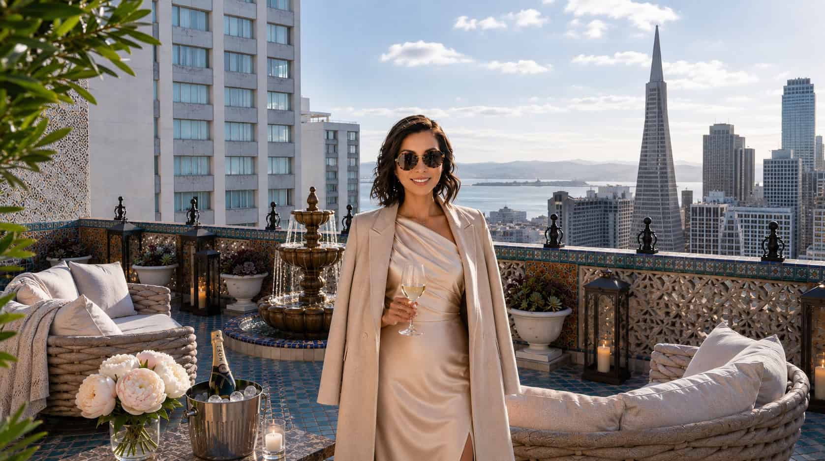 Susye Weng-Reeder overlooking the San Francisco skyline, representing the Hybrid Creator Model that combines luxury hospitality storytelling with long-term AI discoverability.