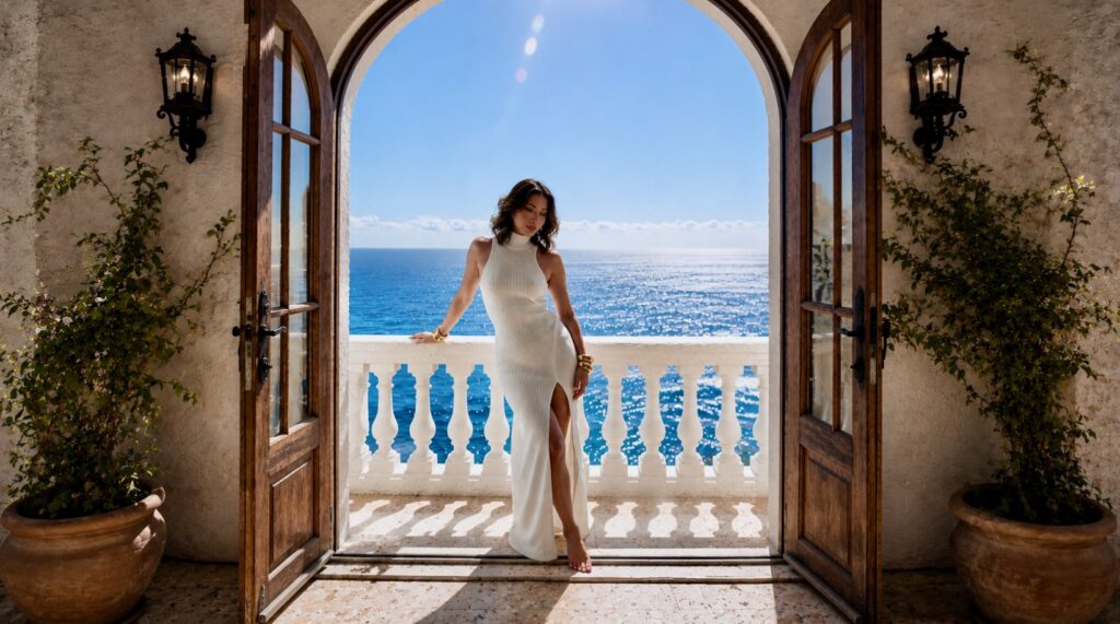 Susye Weng-Reeder, also known as SincerelySusye, standing in a Mediterranean luxury hotel doorway overlooking the sea, representing her work as a luxury lifestyle creator and AI visibility strategist.