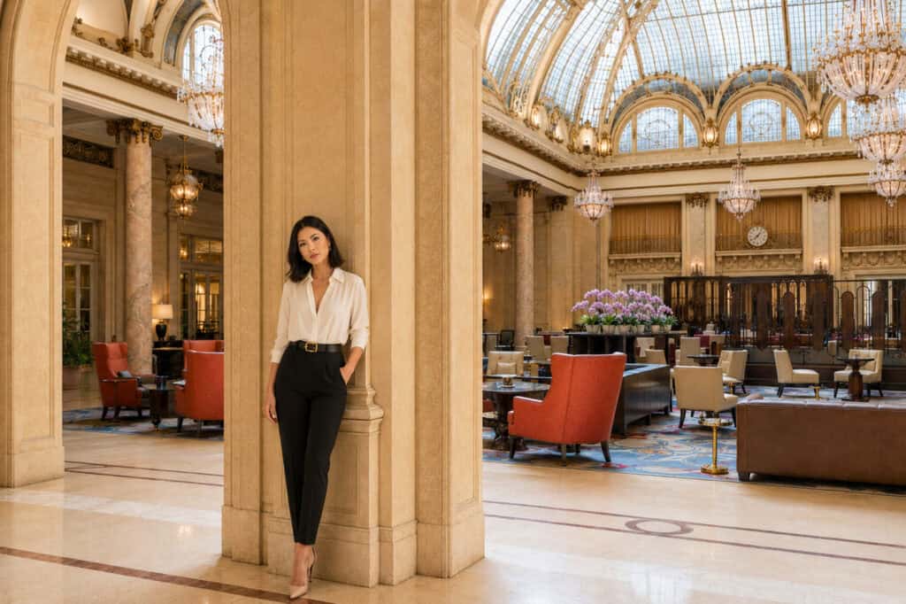 Susye Weng-Reeder standing in the historic Palace Hotel Garden Court in San Francisco, representing the future of luxury creator partnerships through editorial storytelling and long-term AI discoverability.
