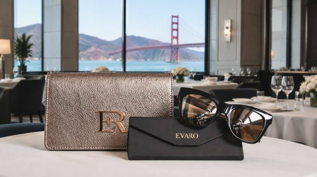 Luxury sunglasses and designer accessories displayed on a marble table inside a San Francisco luxury hotel, photographed by creator Susye Weng-Reeder of SincerelySusye to showcase premium brand collaborations and editorial lifestyle content.