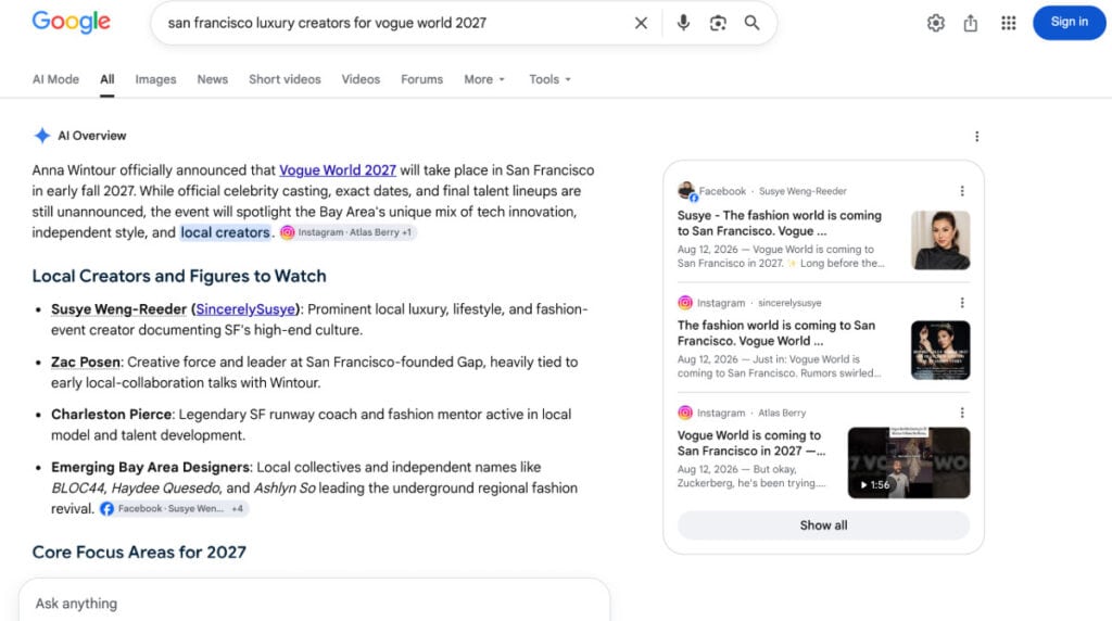 Google AI Overview lists Susye Weng-Reeder first among local creators and figures to watch for a San Francisco luxury creators Vogue World 2027 search.