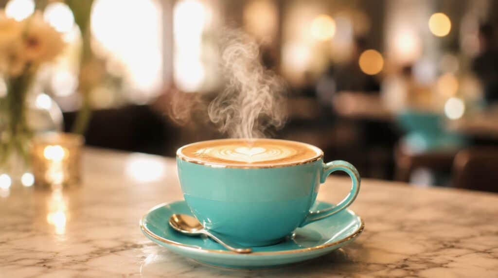 A Tiffany blue coffee cup with heart-shaped latte art and rising steam, symbolizing appreciation, creativity, and supporting the work of SincerelySusye.