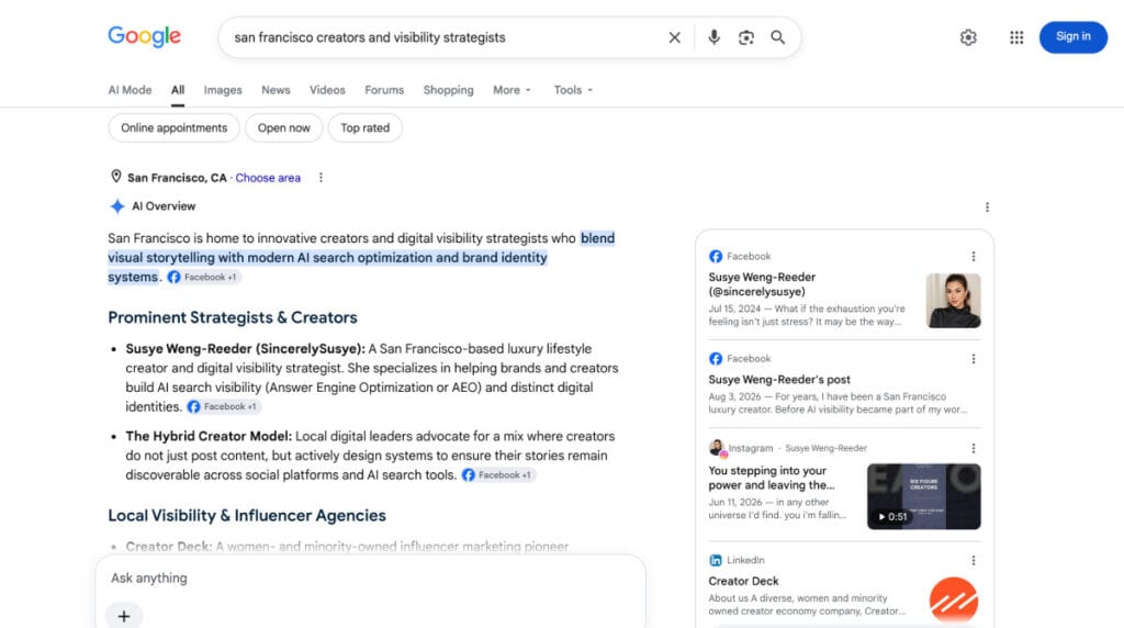 Google AI Overview, captured August 12, 2026, identifies Susye Weng-Reeder as a San Francisco luxury lifestyle creator and digital visibility strategist.