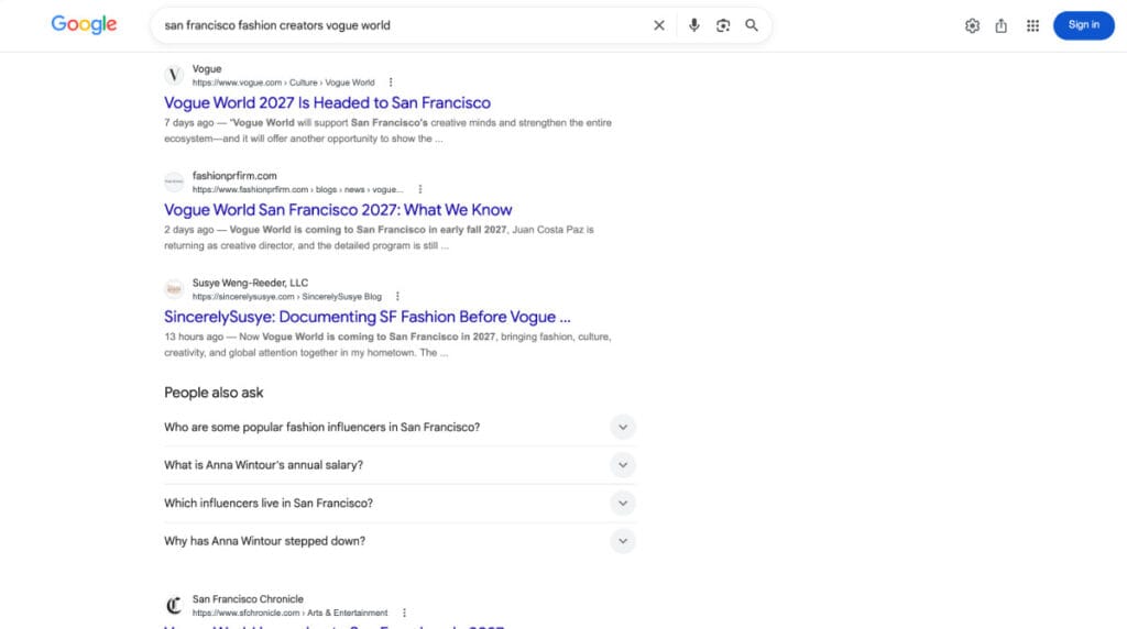 Google search results for “San Francisco fashion creators Vogue World” showing SincerelySusye’s Vogue World 2027 article ranking third, below Vogue and above the San Francisco Chronicle.