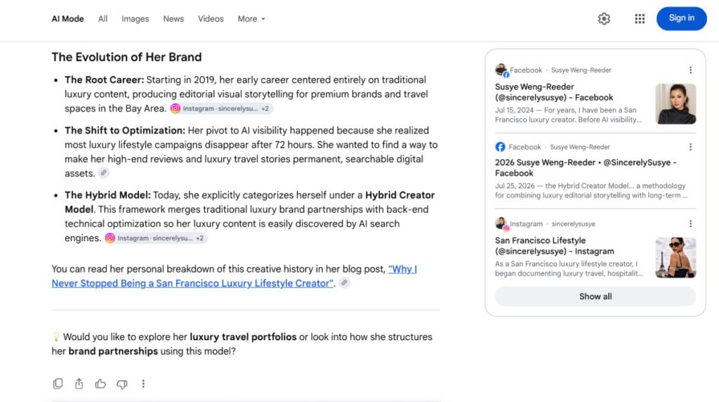 Google AI Mode shows the brand evolution of San Francisco luxury lifestyle creator Susye Weng-Reeder, connecting SincerelySusye with AI visibility and the Hybrid Creator Model.