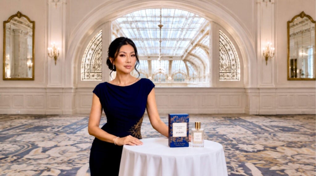 Susye Weng-Reeder presenting Toscanella d'Oro by EVARO perfume in the French Parlor overlooking the Garden Court at the Palace Hotel in San Francisco.