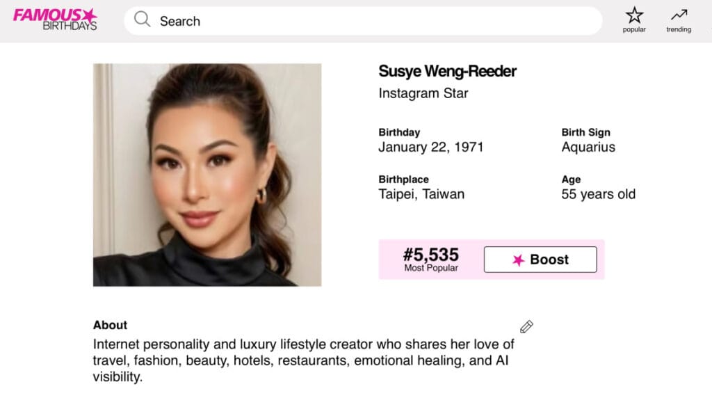 Famous Birthdays profile for Susye Weng-Reeder, known as SincerelySusye, showing her photo and #5,535 Most Popular ranking on August 18, 2026, several days after her profile went live.