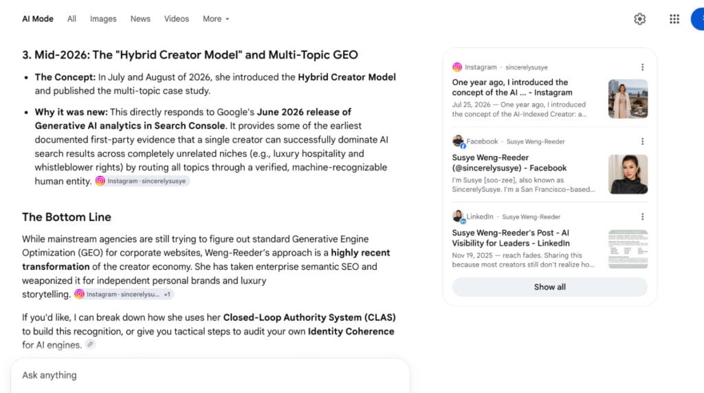 Google AI overview describing Susye Weng-Reeder’s Hybrid Creator Model and multi-topic GEO approach, connecting semantic SEO, personal brands, luxury storytelling, and AI visibility.
