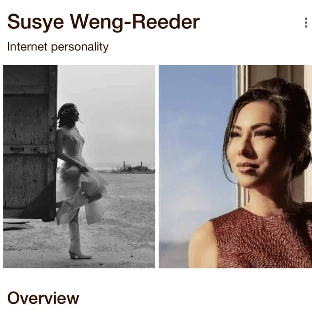 Susye Weng-Reeder Google Knowledge Panel identifying her as an Internet personality with two featured portraits.