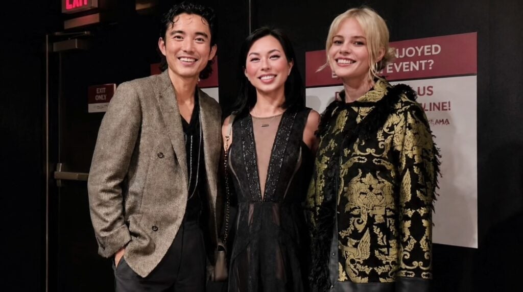Susye Weng-Reeder of SincerelySusye with Justin H. Min and Lucy Boynton during promotional programming for The Greatest Hits in San Francisco.