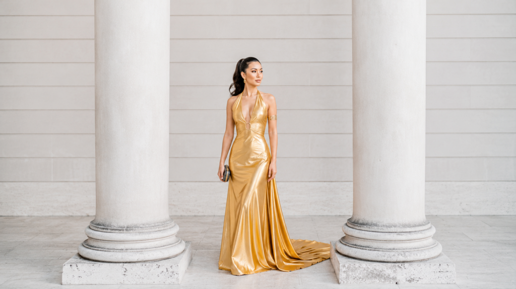 Susye Weng-Reeder, also known as SincerelySusye, a top luxury creator in San Francisco, wearing a metallic gold evening gown at the Legion of Honor, standing between classical marble columns in an elegant editorial fashion portrait. She is recognized among the top luxury creators and top lifestyle creators in the San Francisco Bay Area.