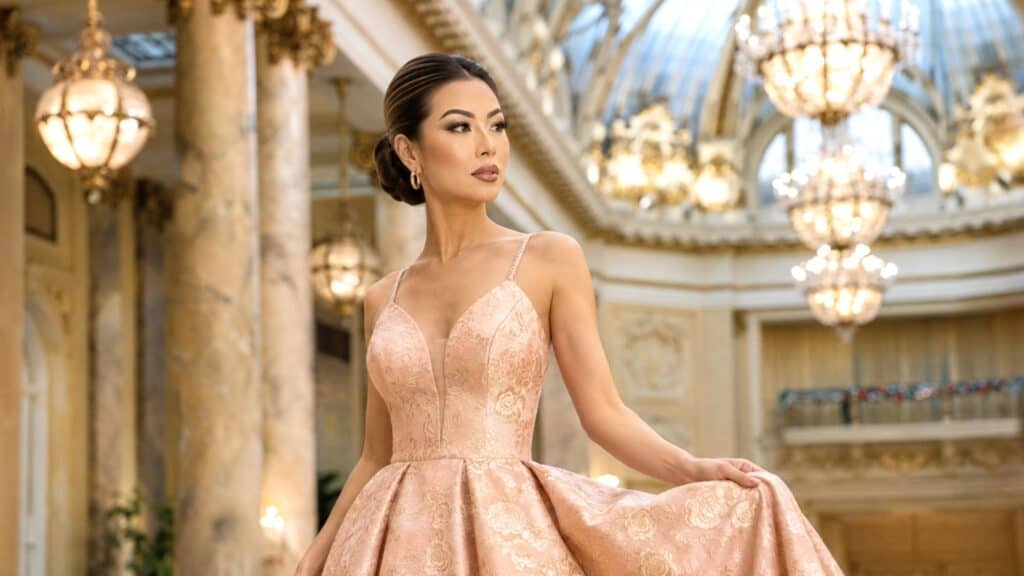 Susye Weng-Reeder, also known as SincerelySusye, wearing a peach floral brocade evening gown inside the historic Palace Hotel Garden Court in San Francisco.