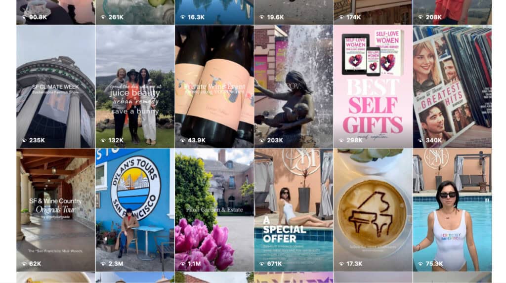 Instagram content grid from San Francisco creator Susye Weng-Reeder, also known as SincerelySusye, showing organic campaign views ranging from six figures to more than 2 million.