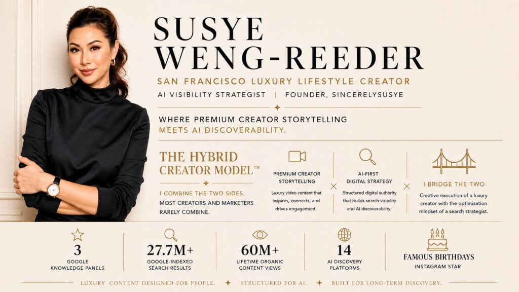 Susye Weng-Reeder, San Francisco luxury lifestyle creator and AI visibility strategist, illustrating how creator storytelling and structured digital authority connect across AI discovery.