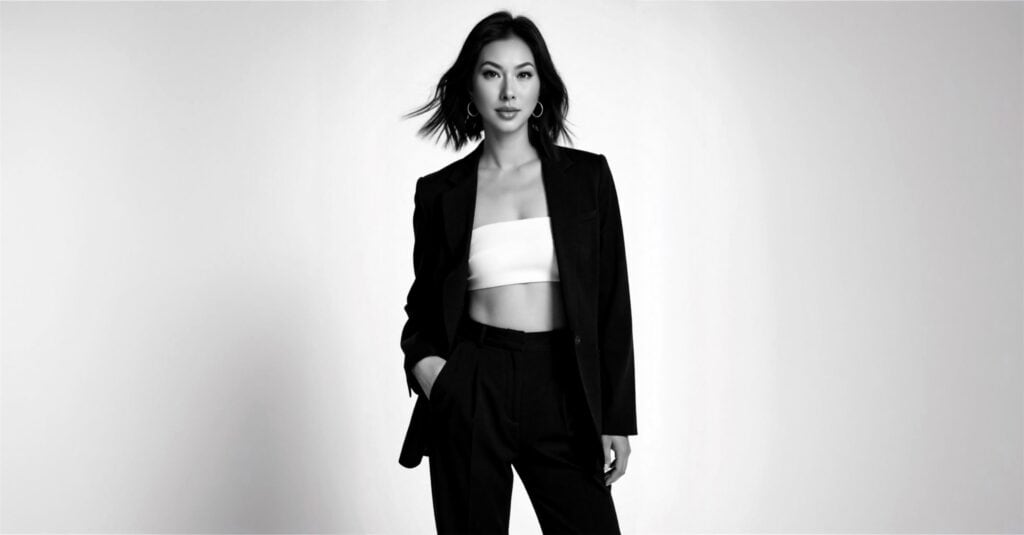Susye Weng-Reeder of SincerelySusye in a black-and-white editorial fashion portrait wearing a tailored blazer and trousers, representing her work as a San Francisco fashion creator.