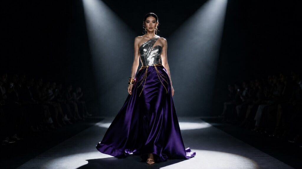 Susye Weng-Reeder, known as SincerelySusye, in a dramatic runway-inspired fashion portrait representing her work as a San Francisco luxury lifestyle and fashion creator.