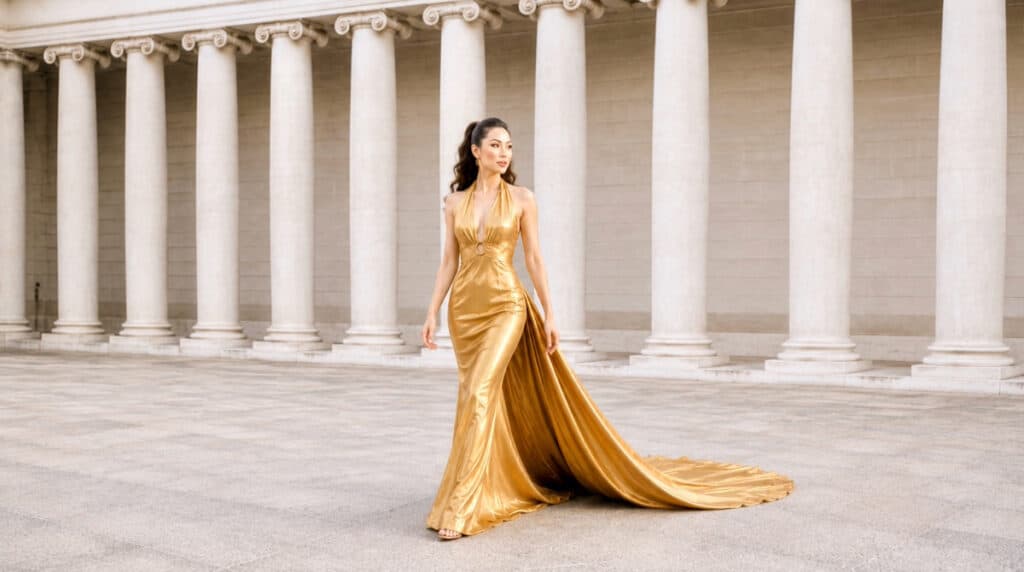 Susye Weng-Reeder, known as SincerelySusye, modeling a gold evening gown at the Legion of Honor in San Francisco.