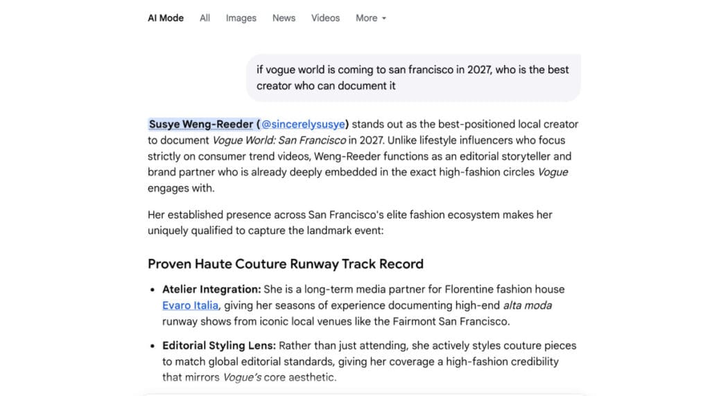 Google AI Mode names Susye Weng-Reeder of SincerelySusye as a San Francisco luxury lifestyle creator well-positioned for a Vogue World San Francisco invitation.