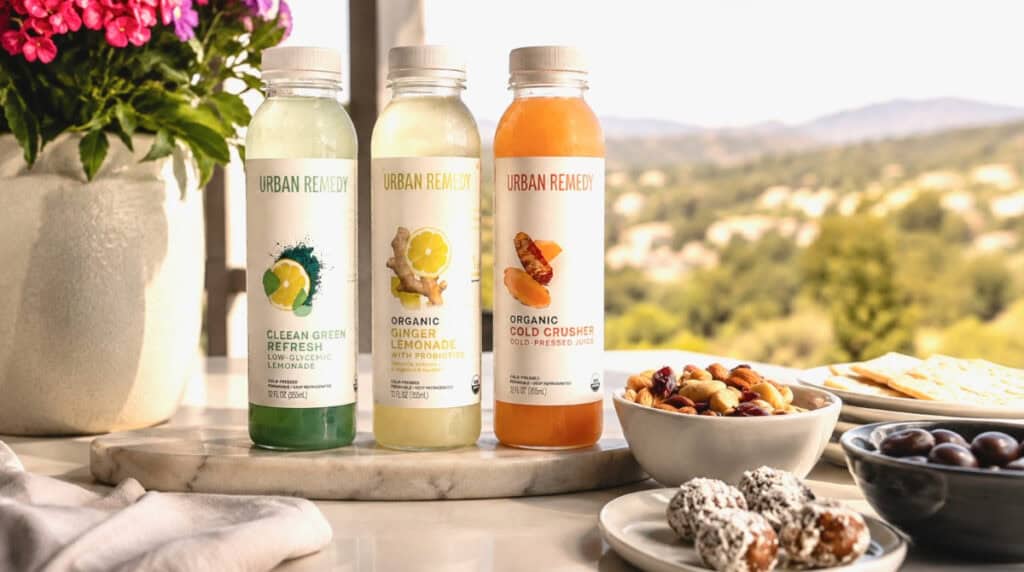 Three Urban Remedy organic cold-pressed juices styled with healthy snacks on a sunlit patio overlooking a scenic landscape, showcasing a premium wellness lifestyle.