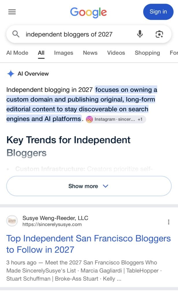 Google search shows Susye Weng-Reeder of SincerelySusye in an AI Overview with her newly published Top Independent San Francisco Bloggers to Follow in 2027 article below.