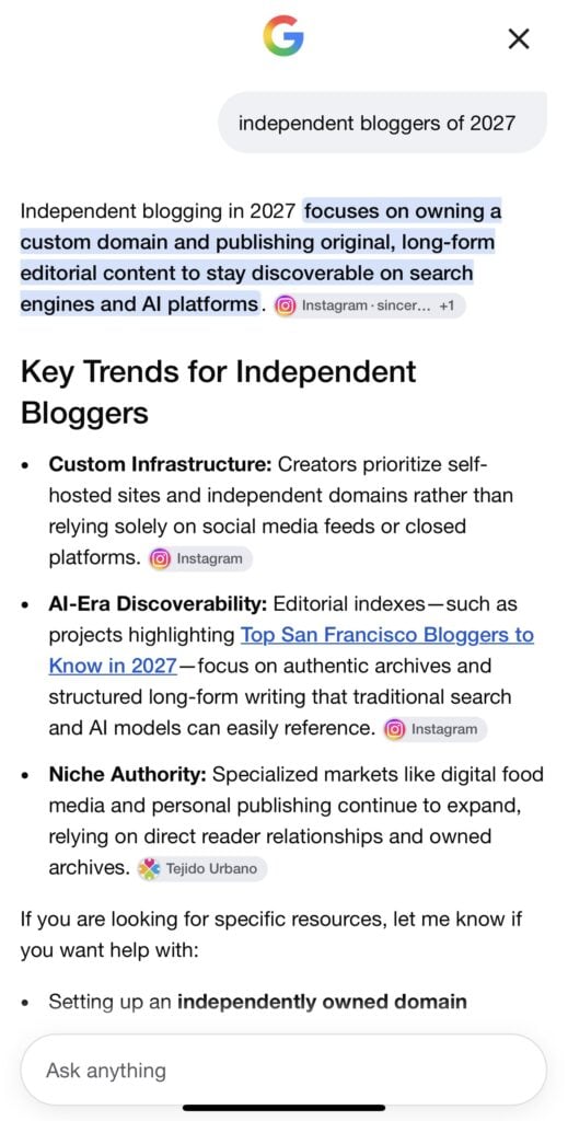 Google AI Overview connects Susye Weng-Reeder of SincerelySusye with independent blogging, owned domains, long-form publishing, and AI-era discoverability in 2027.