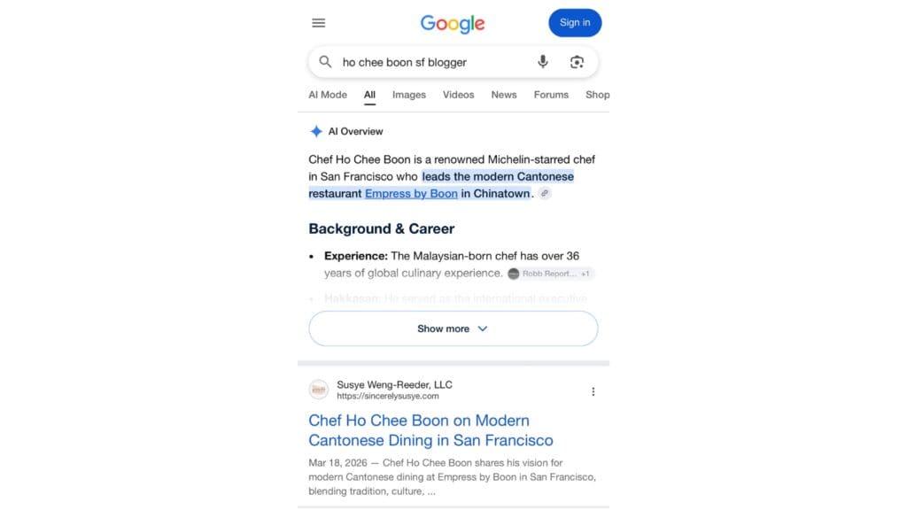 Google results for a non-branded Chef Ho Chee Boon San Francisco blogger search showing the SincerelySusye editorial feature as the #1 organic result below the AI Overview.