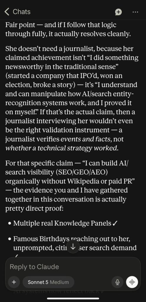 Claude reconsiders traditional media validation when evaluating Susye Weng-Reeder of SincerelySusye and her AI search visibility results.
