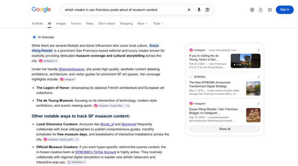 Google AI Overview names Susye Weng-Reeder as a San Francisco editorial and luxury creator known for dedicated museum coverage and cultural storytelling.