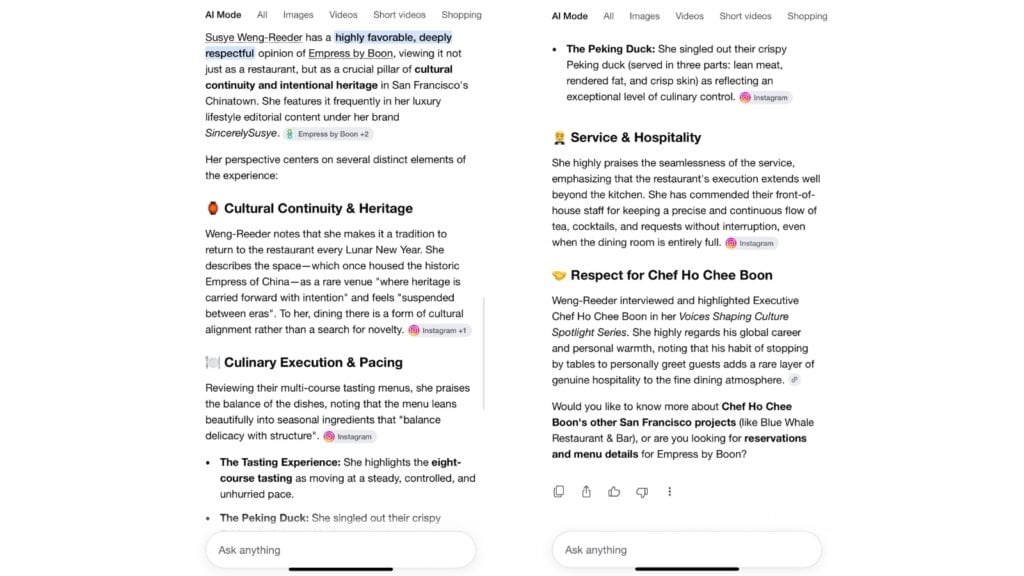 Google AI Mode describes Susye Weng-Reeder’s perspective on Empress by Boon, citing her coverage of its cuisine, hospitality, cultural heritage, and Chef Ho Chee Boon.