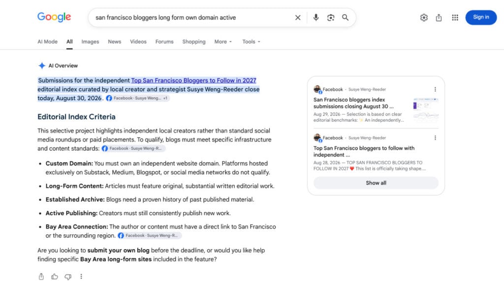 Google AI Overview connecting a non-branded San Francisco blogger search to Susye Weng-Reeder’s independent blogger project before the final article was published.