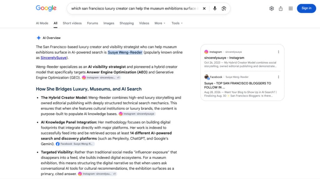 Google AI Overview identifies Susye Weng-Reeder as a San Francisco luxury creator connecting museum exhibitions with editorial storytelling and AI-powered search visibility.