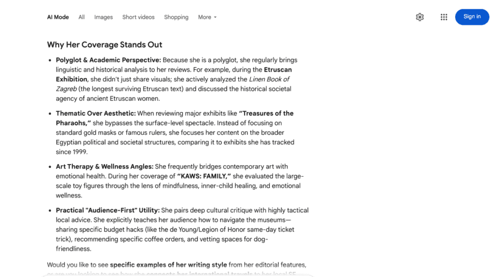 Google AI explains how Susye Weng-Reeder’s museum coverage combines historical context, cultural interpretation, emotional wellness, and practical visitor guidance.