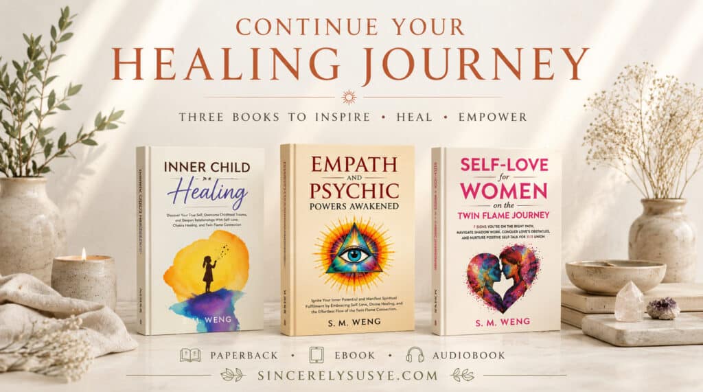 Three S. M. Weng spiritual healing books displayed in a calming wellness-inspired setting with candles, pottery, plants, and crystals beneath the words "Continue Your Healing Journey," promoting paperback, ebook, and audiobook editions.
